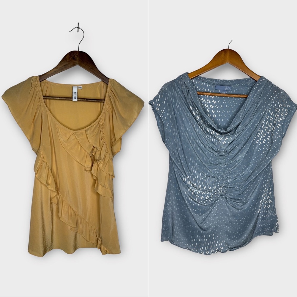 TWO Anthropologie 100% Silk Blouses Blue Abstract Lines Yellow Ruffles Small 4 6